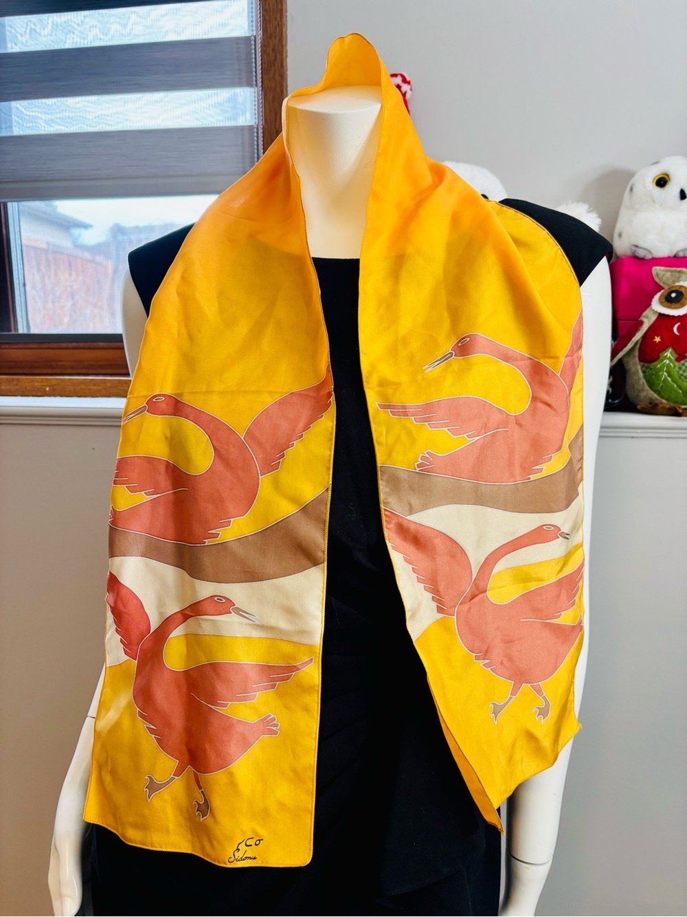Vintage Handmade Silk Scarf with Coral Crane Motif